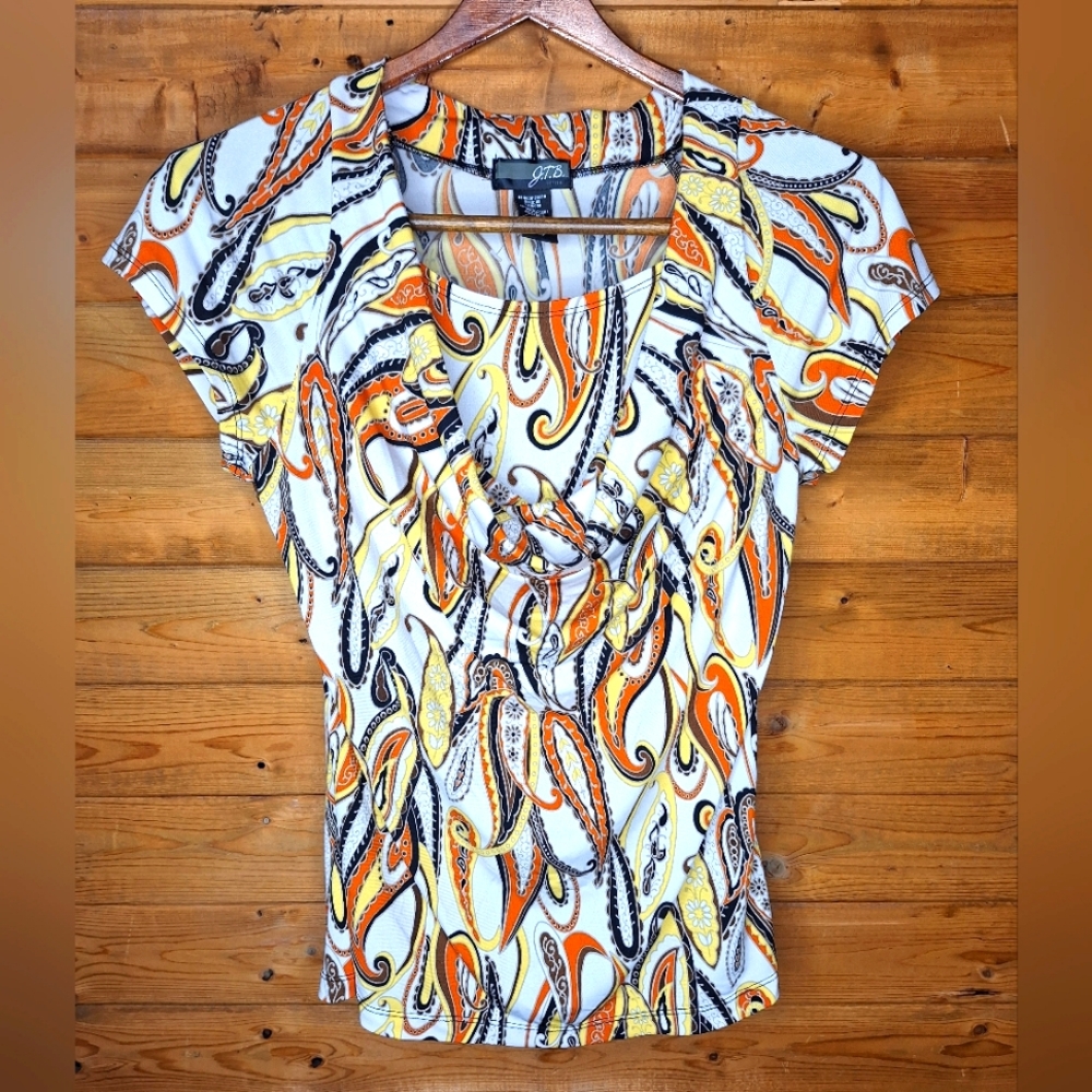 ❤️ 3/$30 J.T.B. Colorful Paisley Women's Top Short Sleeve Strech Size SP